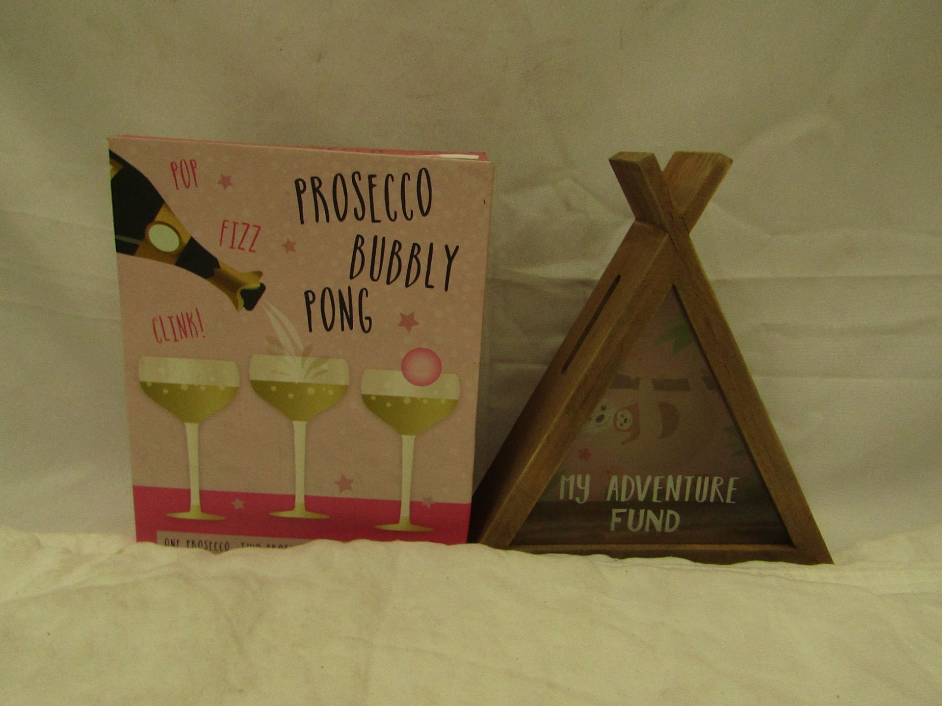 1x Prosecco Bubbly Pong Game - Unchecked & Boxed. 1x " My Adventure Fund " Wooden Teepee Style Money