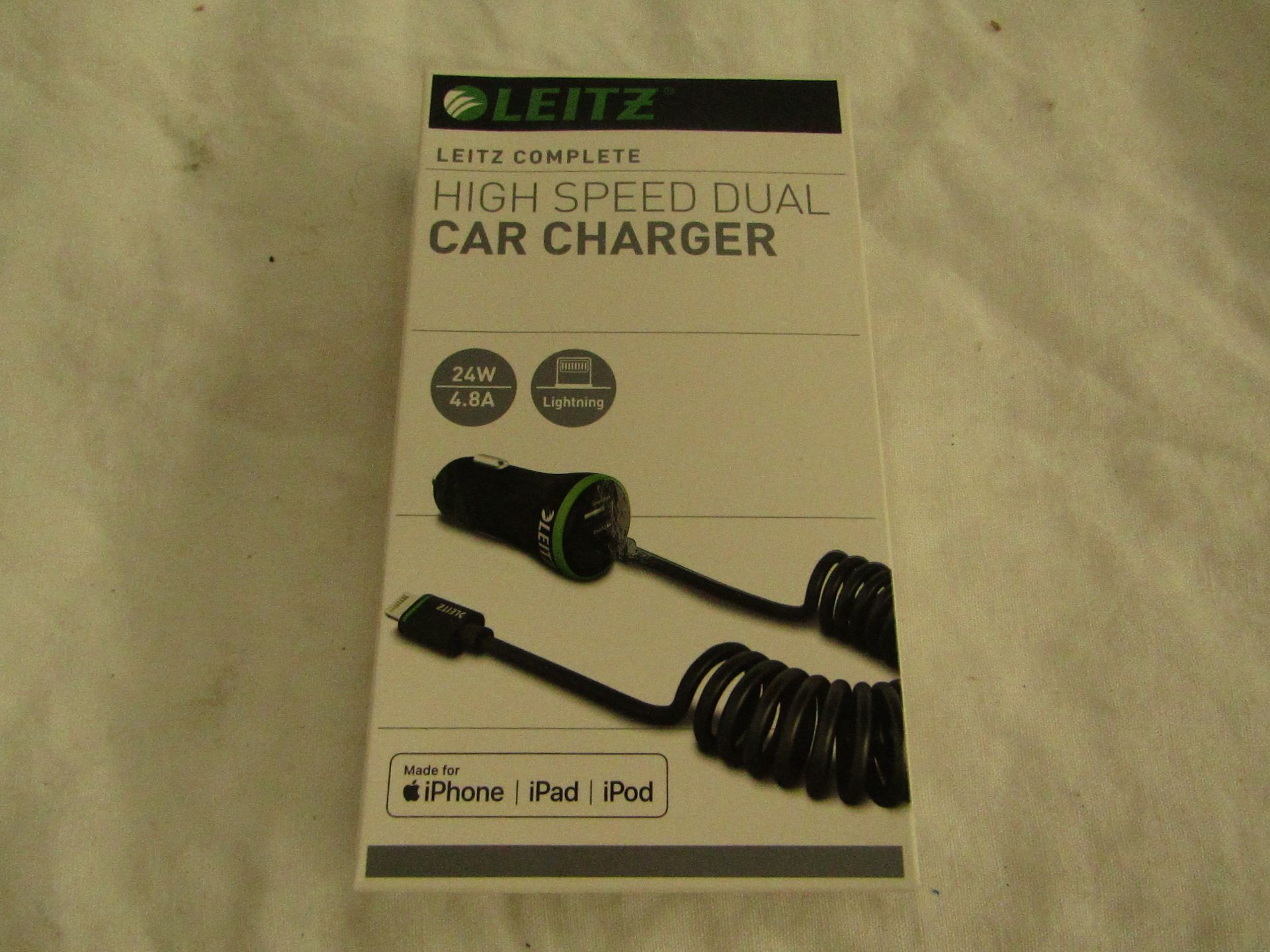 Leitz - High Speed Dual Lighening Car Charger - Suitable For Apple Products - New & Boxed.