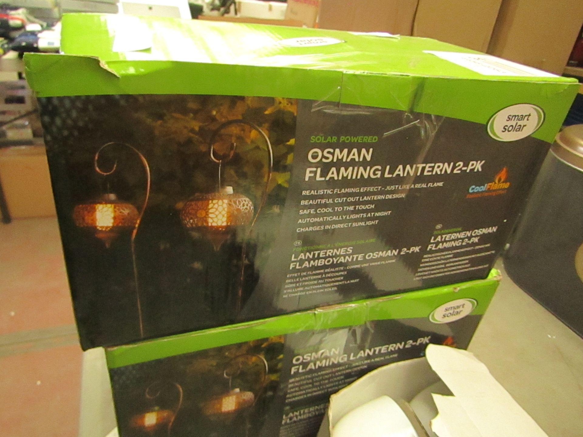 2x Solar Smart Osman Flaming Lantern solr powered lights, unchecked and boxed