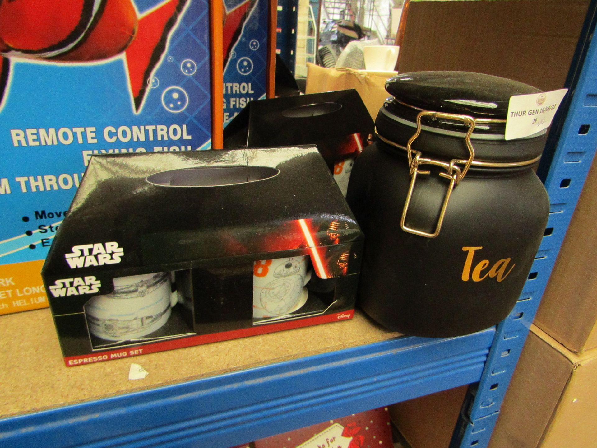 4x Items being 3x Starwars espresso mug sets and a Tea caddy