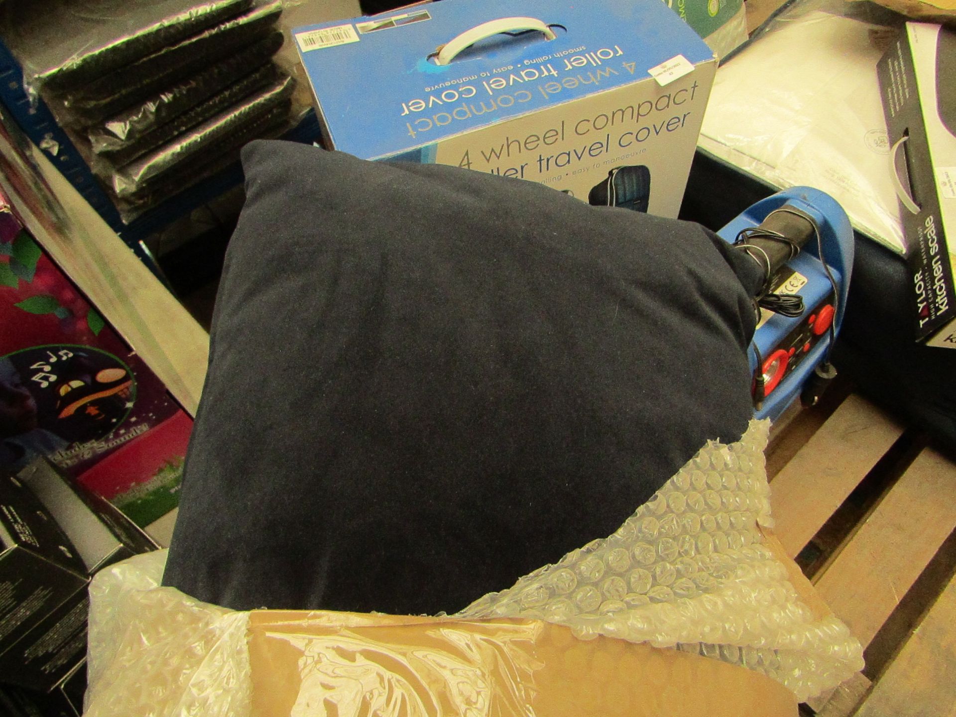 Rectsngular Blue velvet style cushion, in good condition