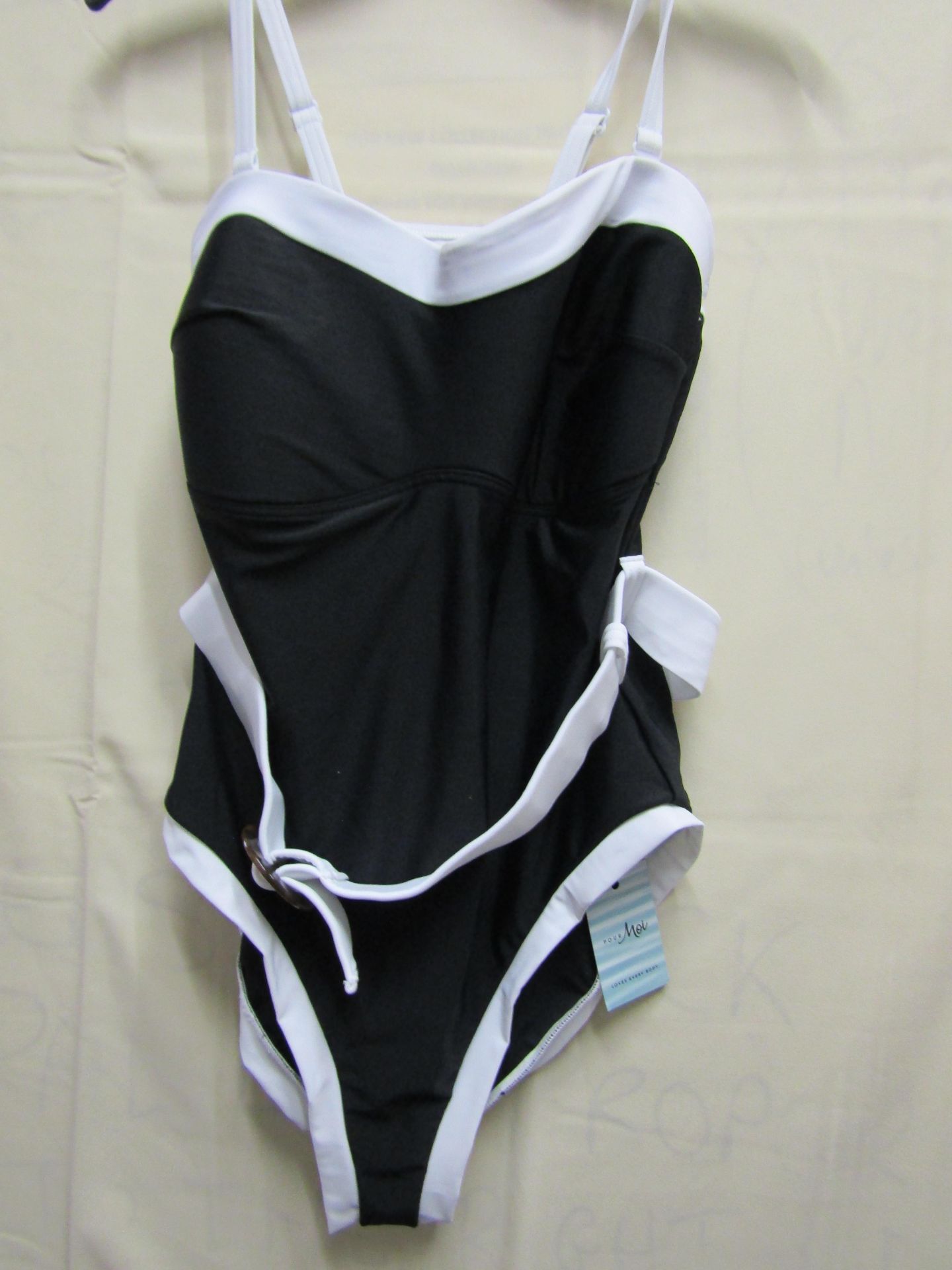 Pour Moi Swimming Costume Black/White Belted Control Removeable Straps Size 14 New With Tags
