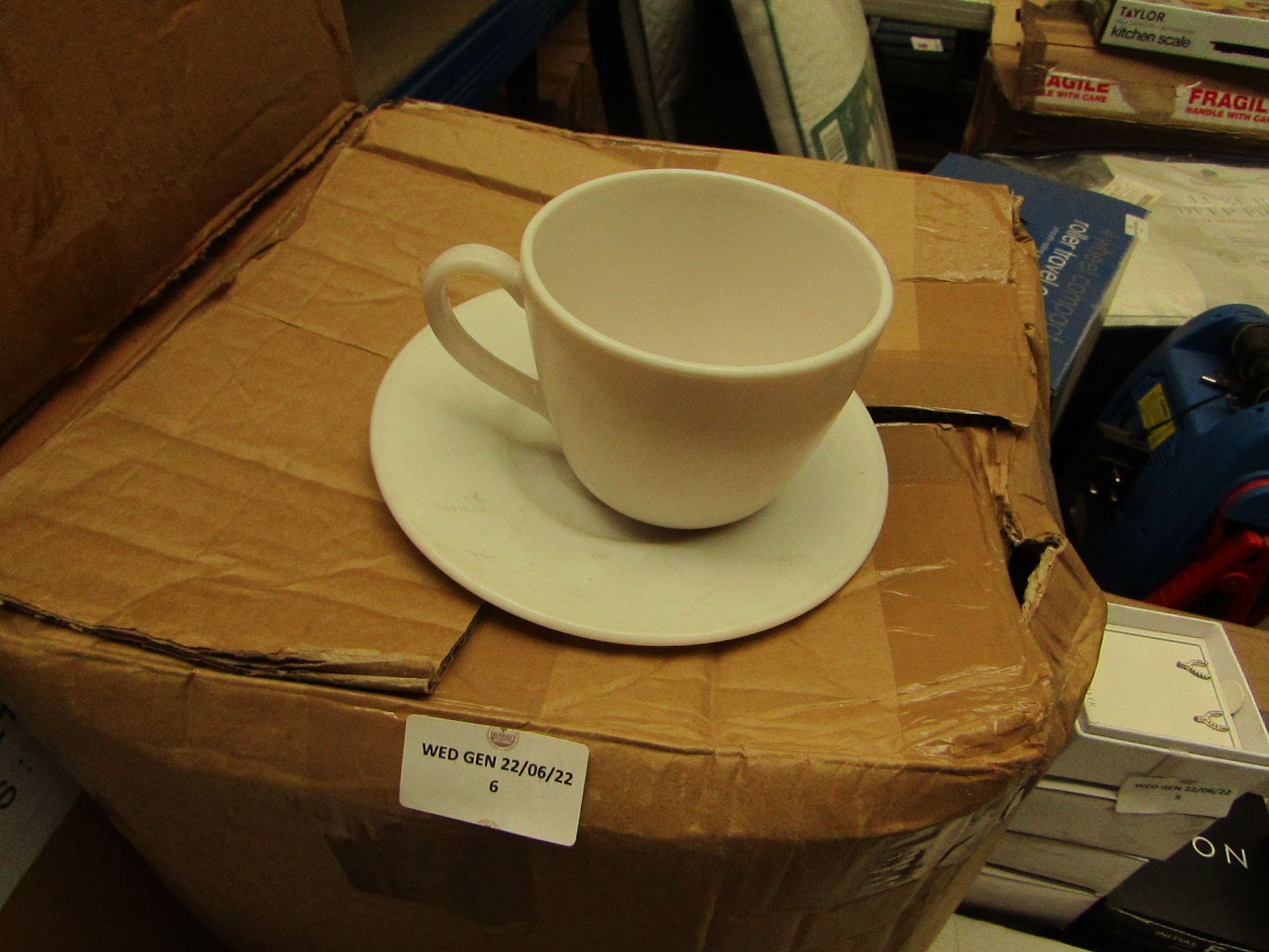 1x Box of approx 15x Bormoli Rocco White Espresso Mugs & Saucer sets - Unchecked & Non Original Box.