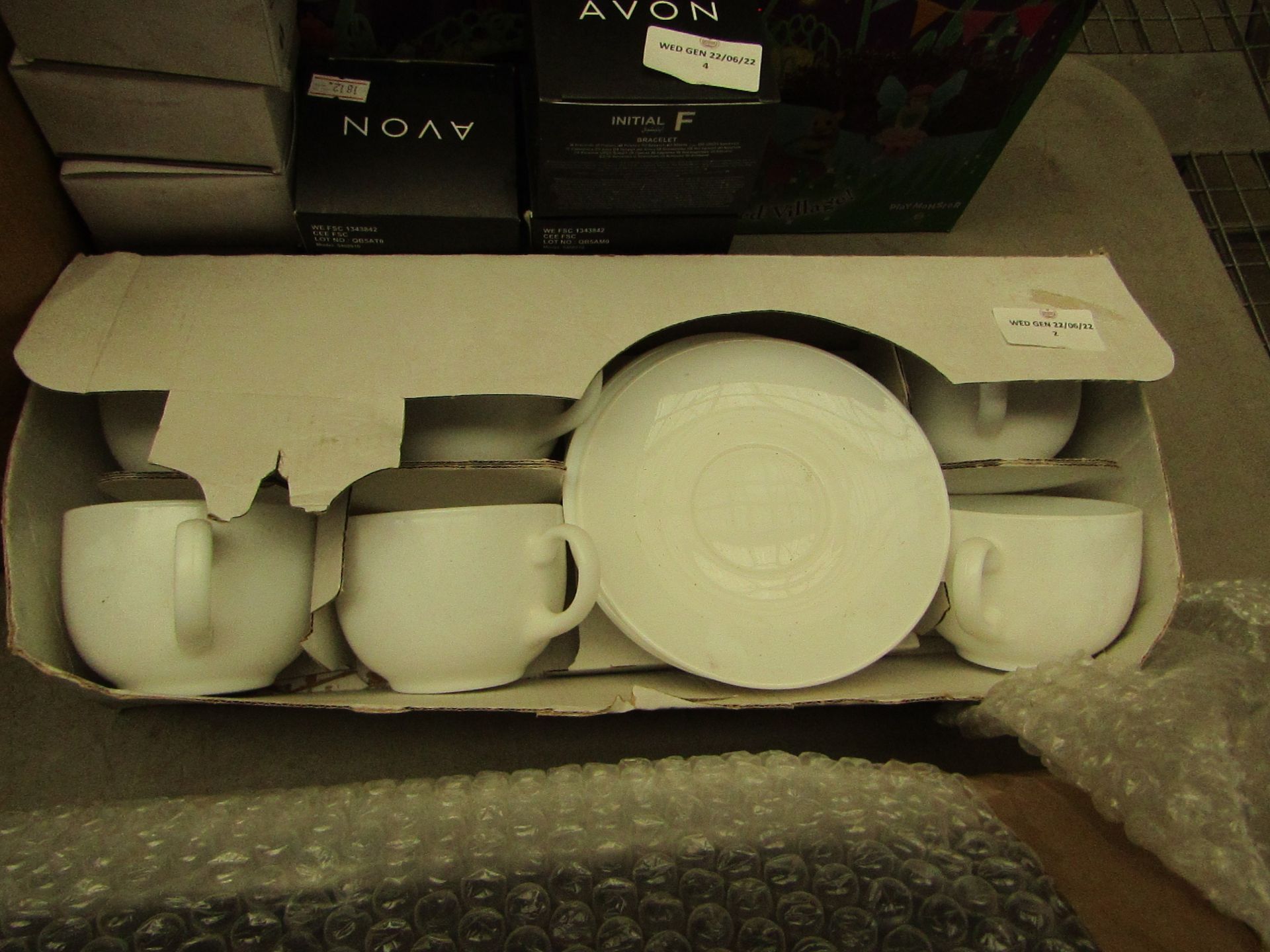 Set of 6 White Espresso Mugs & Saucer Sets - Unused, Box Damaged.