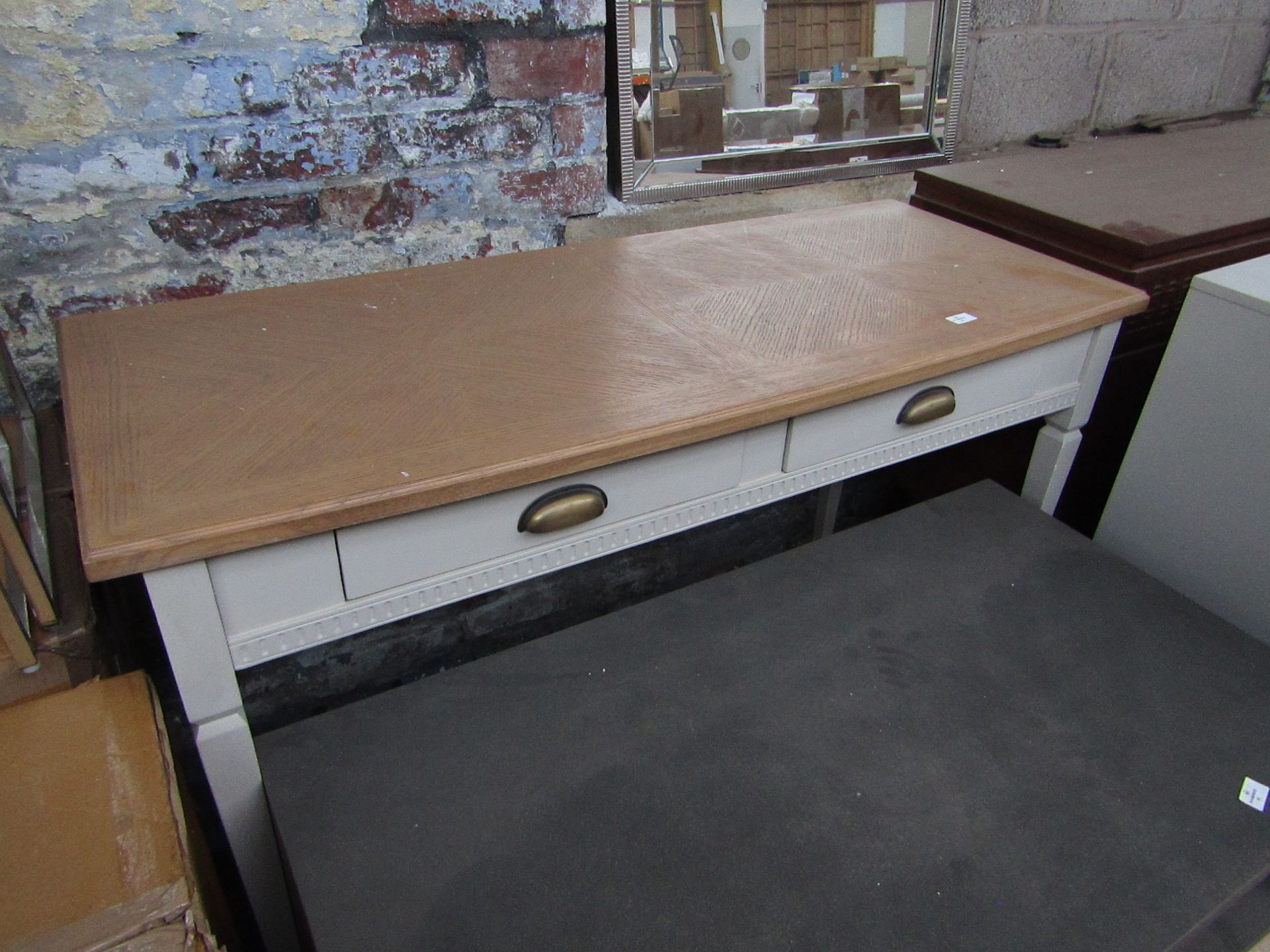 | 1x | MOOT TWO DRAWER DESK | LIGHT GREY & OAK | FEW MINOR PAINT MARKS BUT OTHERWISE OKAY | RRP