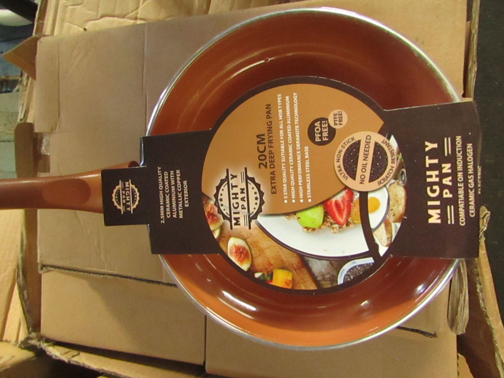 1x Box Containing 6-Pieces Being Mighty Pan - 20cm Copper Frying Pans - New & Boxed.