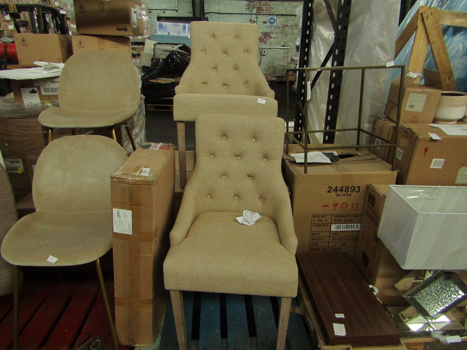 | 2x | STELLA CHAIR | CREAM FABRIC | VINTAGE LEGGS | GOOD CONDITION | RRP 375 | TOTAL £750