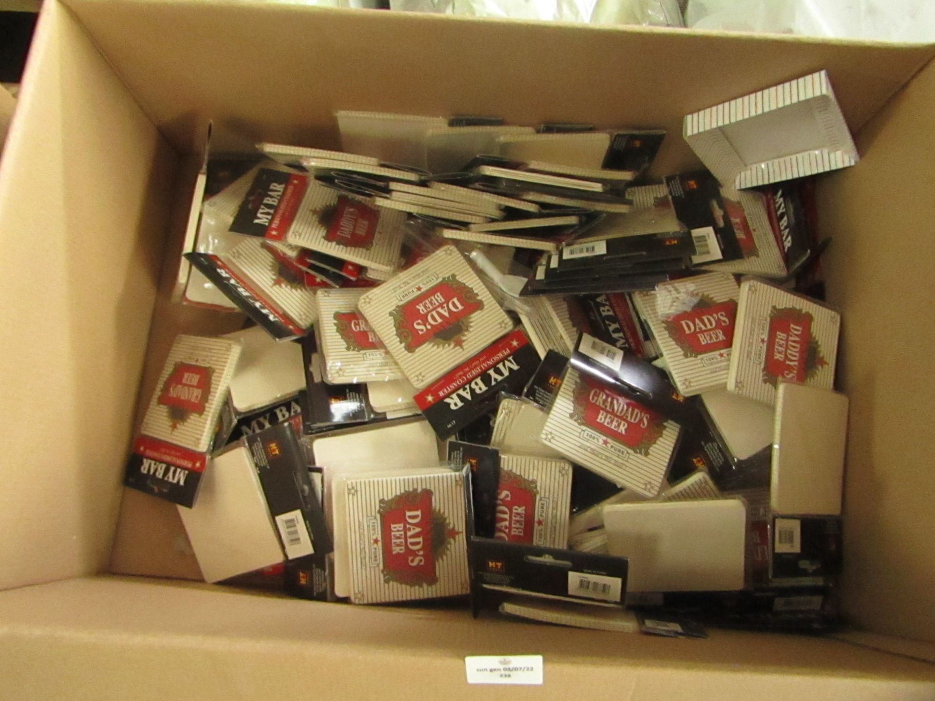 1x Box Containing Approx 50+ MyBar - " Dad's Beer " Personalised Coaster Sets - Unused & Packaged.