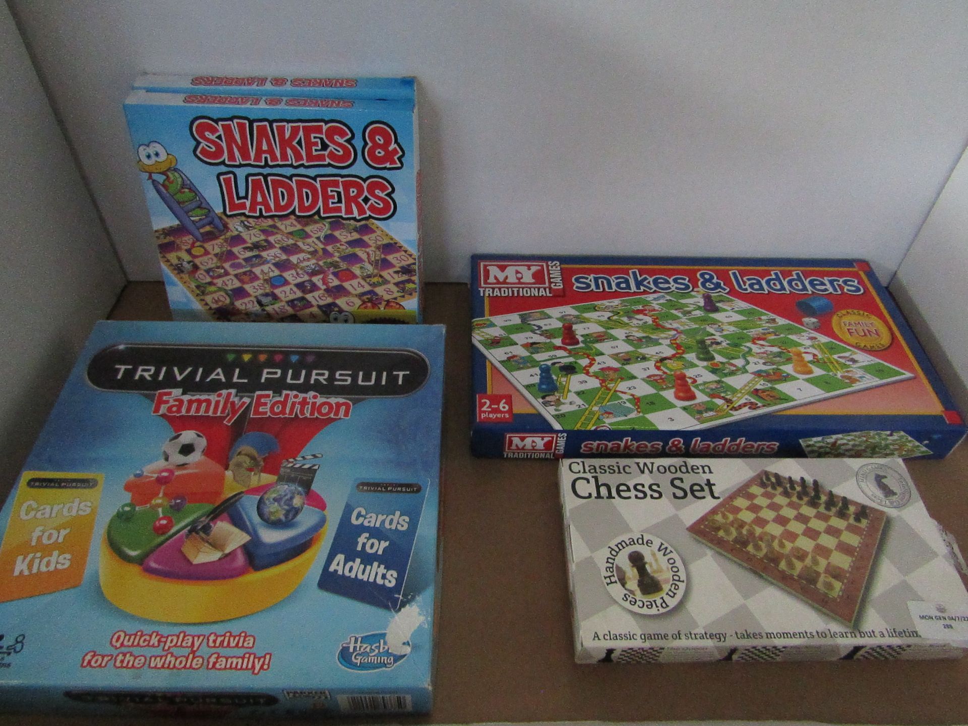 1x Classic Wooden Chest Board Game - Unchecked & Boxed. 1x Traditional - Family Size Snakes &