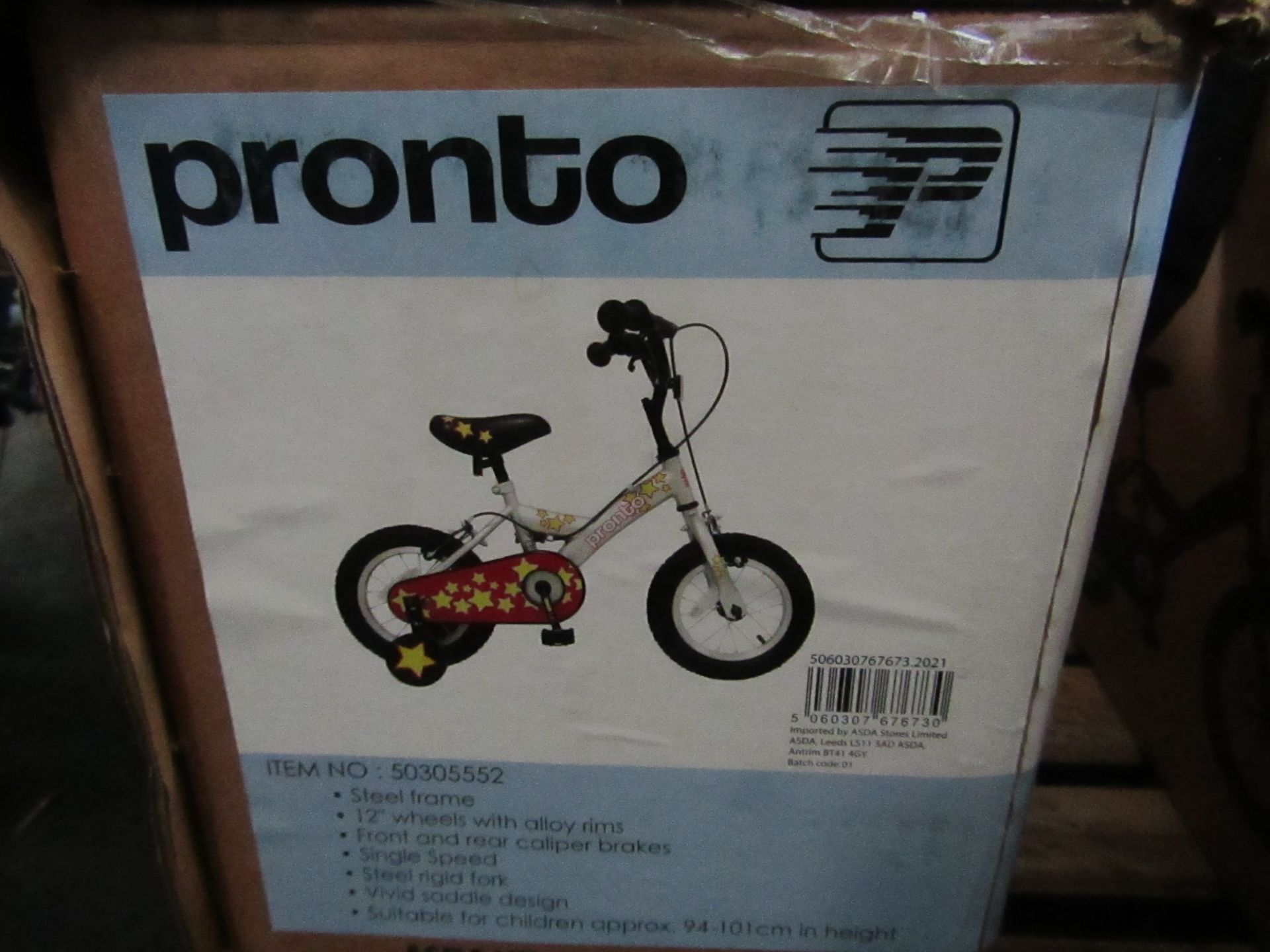 | 1X | PRONTO 12" CHILDRENS BICYCLE WITH STABILISERS | UNCHECKED & BOXED | PALLET REF : ASDA DIR 031