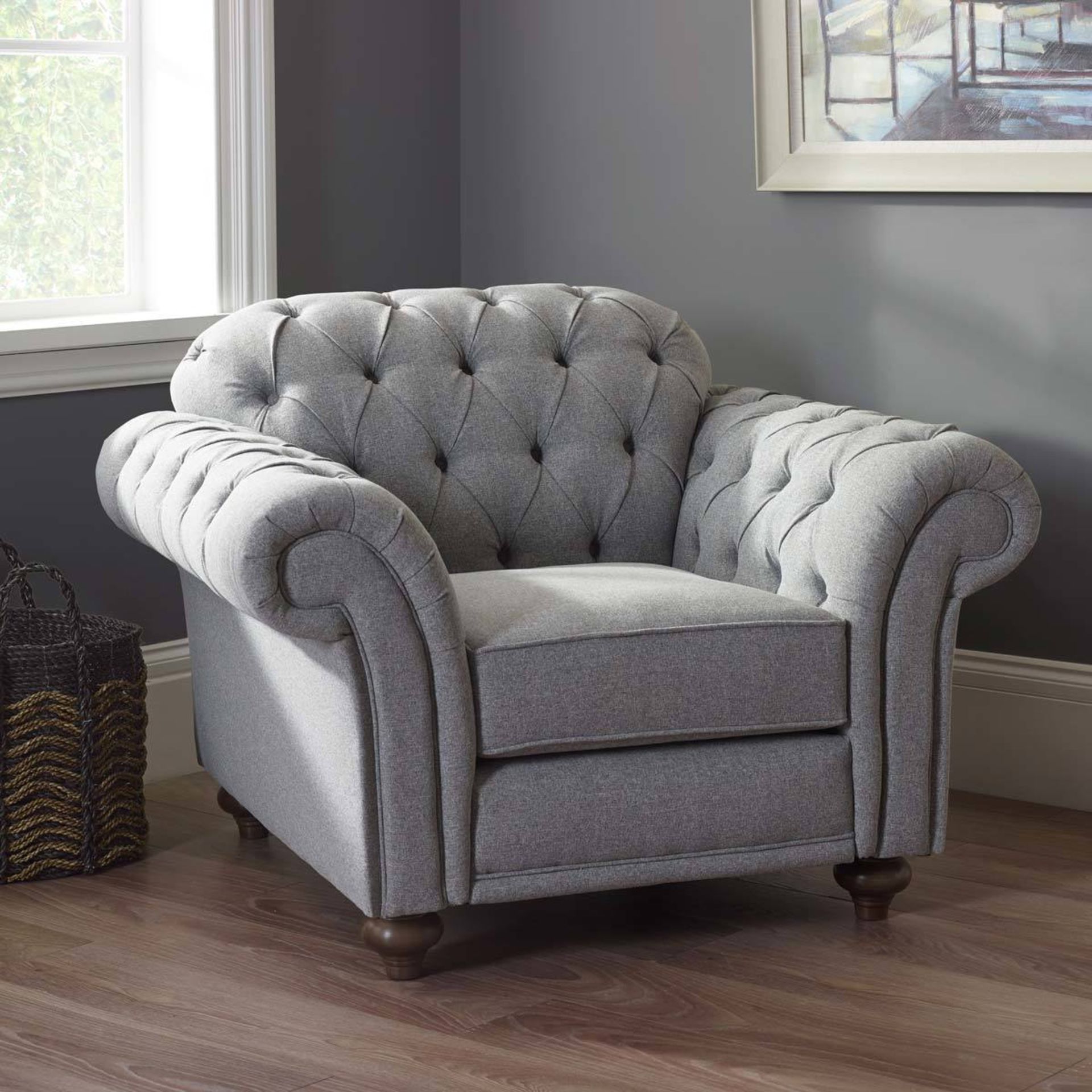 1x Costco Bordeaux Button Back Fabric Armchair - Light Grey - RRP £680 - Great Condition just