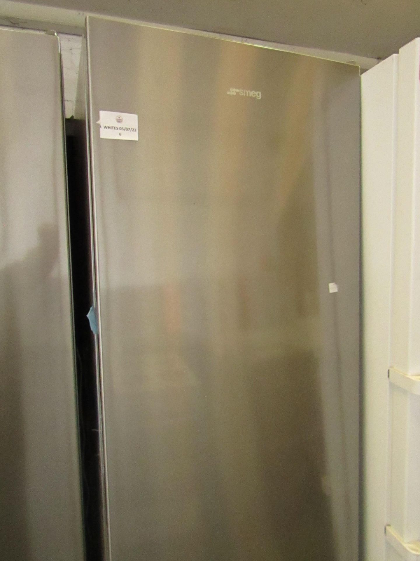 Smeg - Tall Freestanding Fridge -Tested Working But Has Exterior Damage To Bottom Corners.