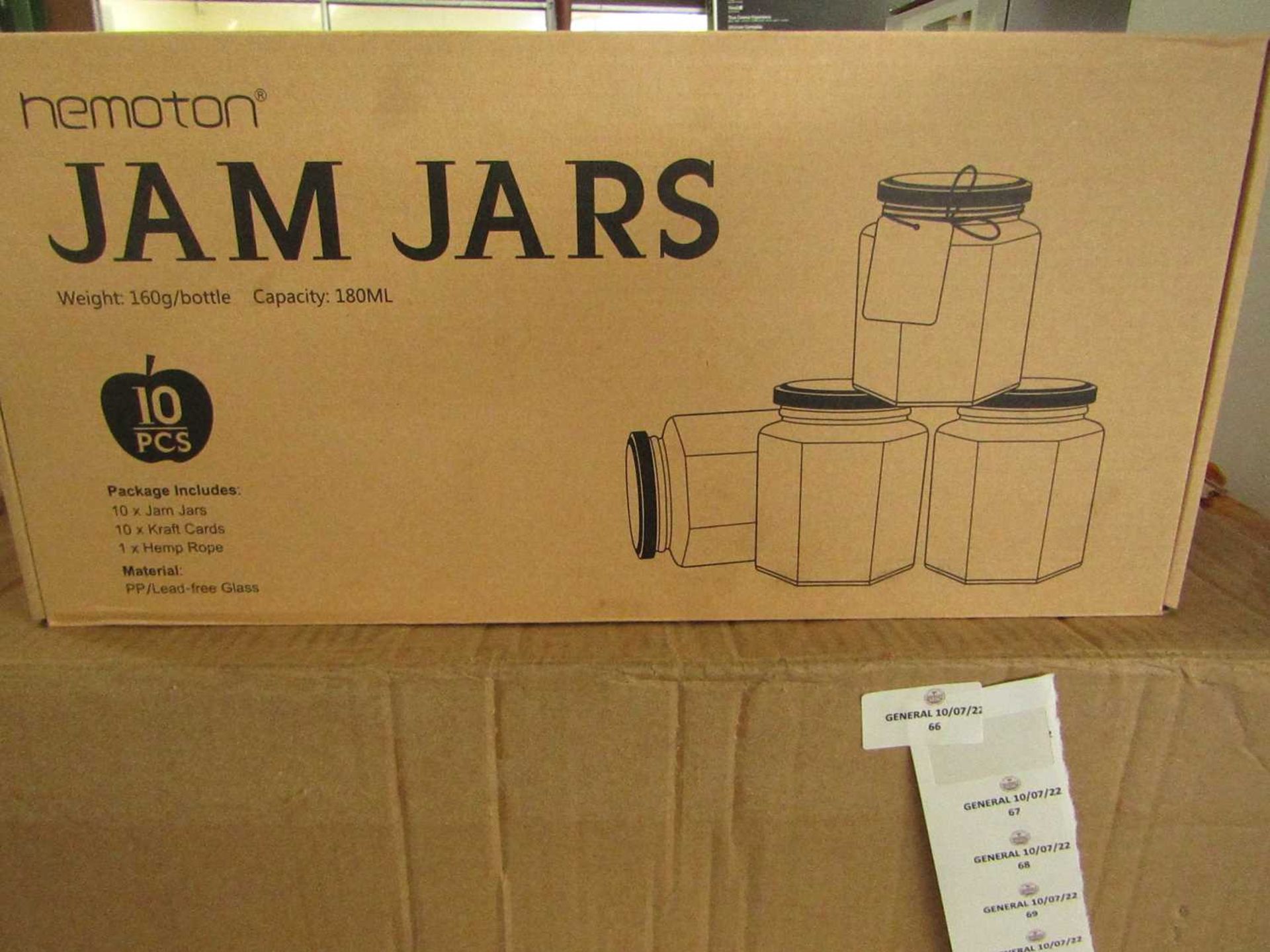 VAT Hemoton - Set of 10 Glass Jam Jars - New & Boxed.