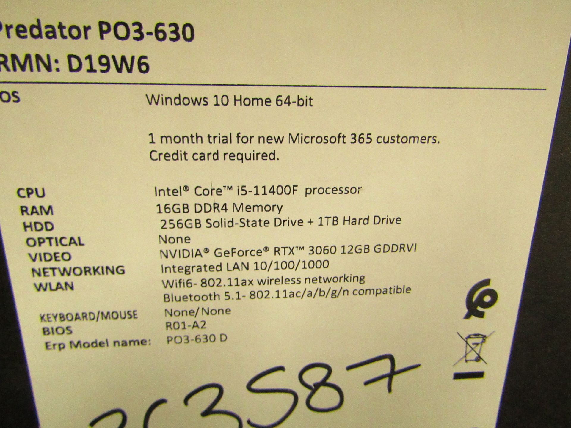 Acer Predator Orion 3000 gaming computer I5 16GB RAM DDR4 Memory NVIDIA GeForce RTX 3060, Tested - Image 4 of 4