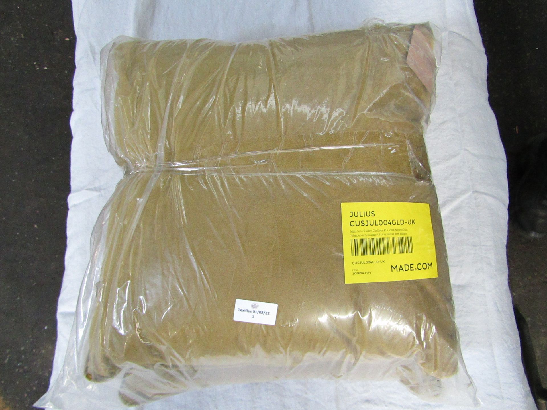 Made.com Julius Set of 2 Velvet Cushions 45 x 45cm Antique Gold RRP Â£35.00 - This item looks to
