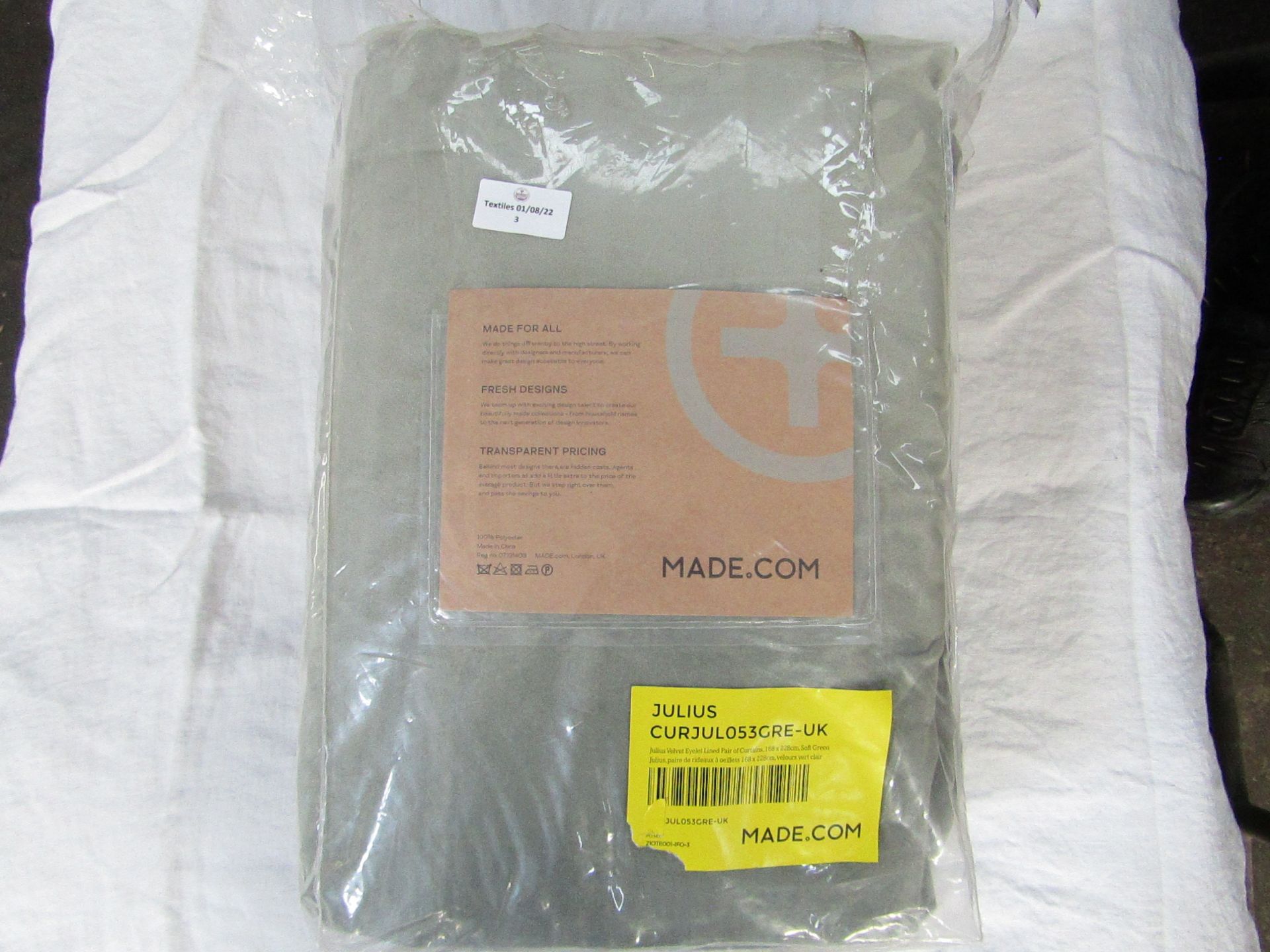 Made.com Julius Velvet Eyelet Lined Pair of Curtains 168 x 228cm Soft Green RRP Â£89.00 - The