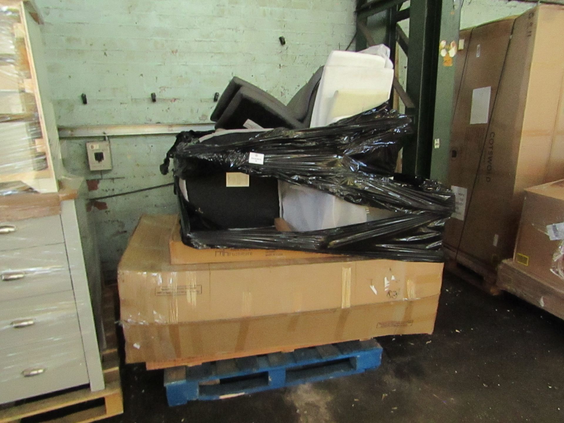 A Pallet of approx 10x Mark Harris Furniture items which includes a Sideboard unit and dining Chairs