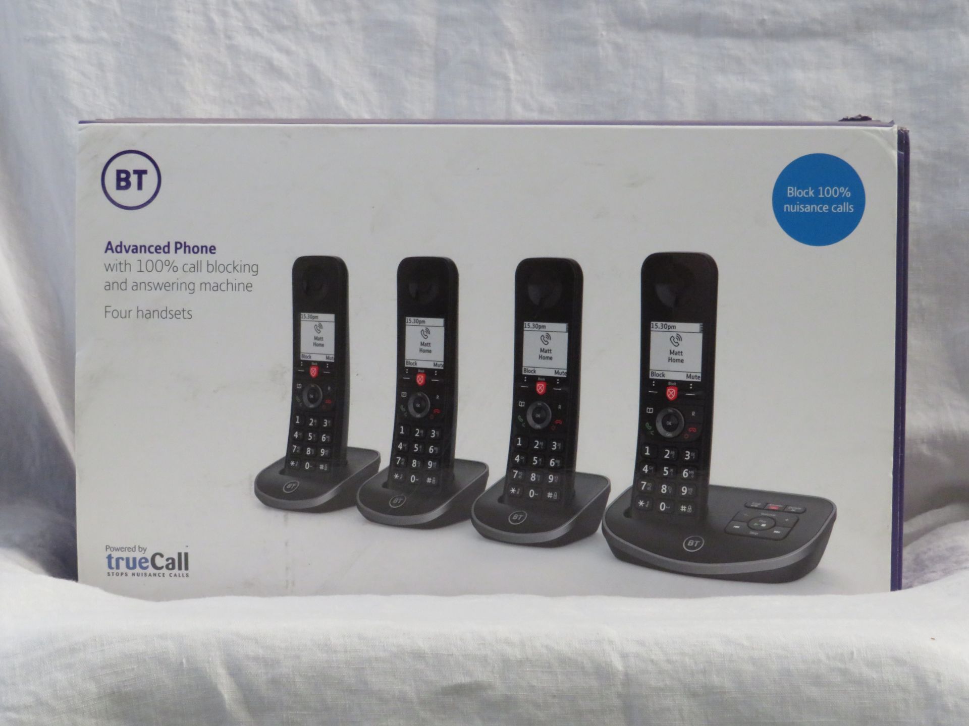 BT advanced phone with 100% call blocking and answering machine, four handsets, untested and boxed.