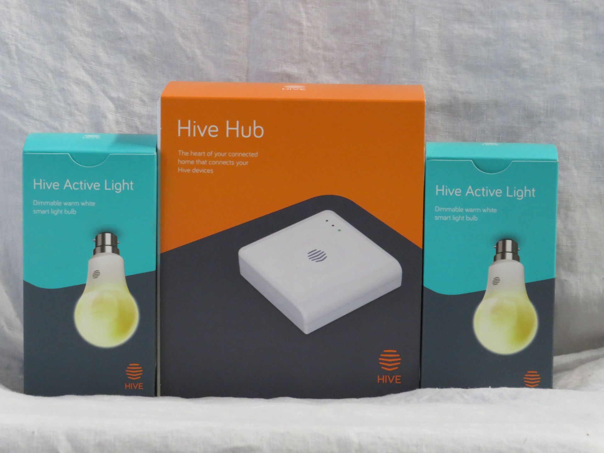 Hive Smart Lighting kit, includes 2 hive active light Bulbs and a Hive Hub, all look unused