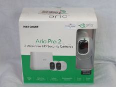 Netgear Arlo Pro 2 set of 2 wire free HD security cameras, untested and boxed.