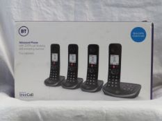 BT advanced phone with 100% call blocking and answering machine, four handsets, untested and boxed.