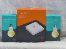 Hive Smart Lighting kit, includes 2 hive active light Bulbs and a Hive Hub, all look unused