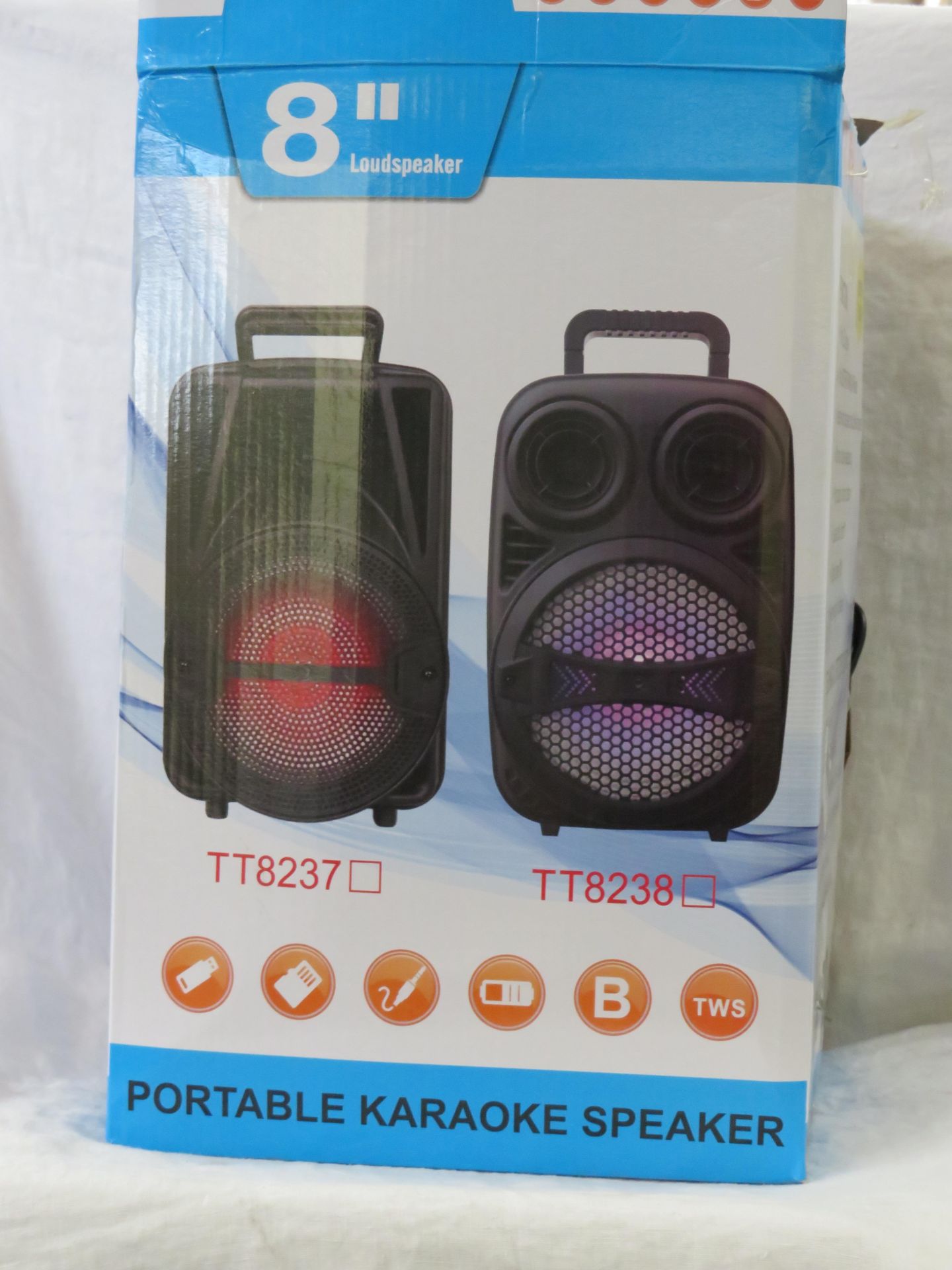 8" Portable Karaoke and Blue tooth speaker with Led Lights, comes with charging=g cable, remote