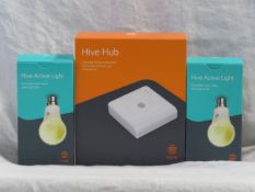 Hive Smart Lighting kit, includes 2 hive active light Bulbs and a Hive Hub, all look unused
