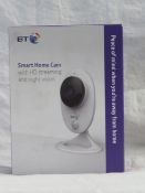 BT smart home camera with HD streaming and night vision, untested and boxed.