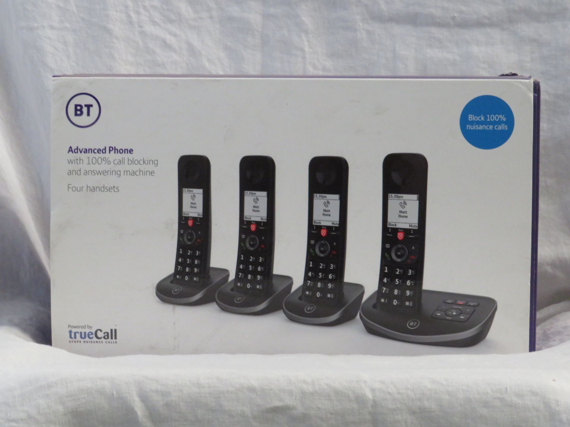 BT advanced phone with 100% call blocking and answering machine, four handsets, untested and boxed.