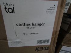 1x Box Containing 100x Grey Velvet Coat Hangers - Unused & Boxed.