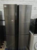 Sharp 4 zone American style fridge freezer, Tested working for coldness, has a small dent on the