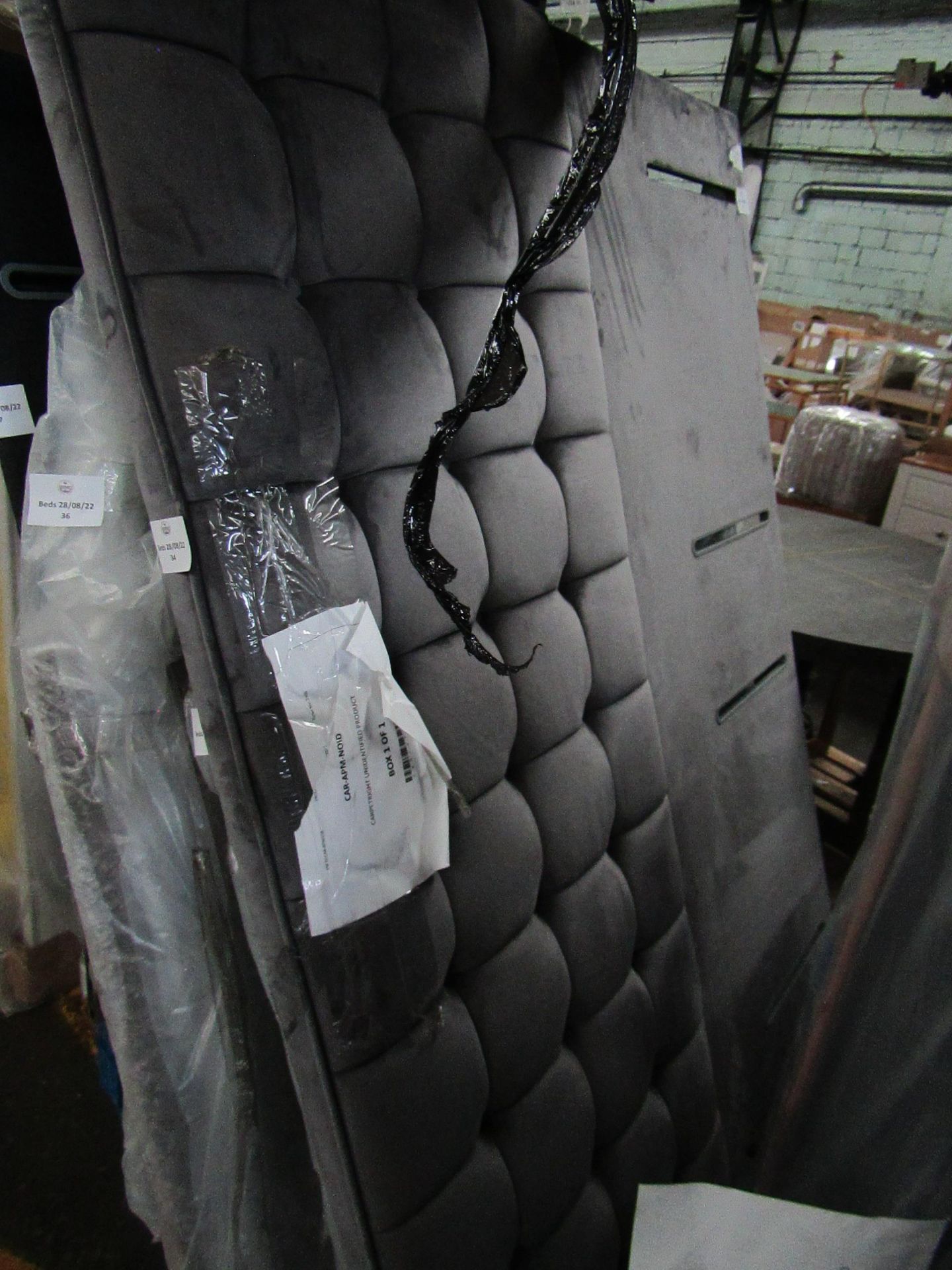 | 1X | CARPETRIGHT SUPER KING GREY VELVET HEADBOARD | VIEWING RECOMMENDED IN PERSON, NO PACKAGING