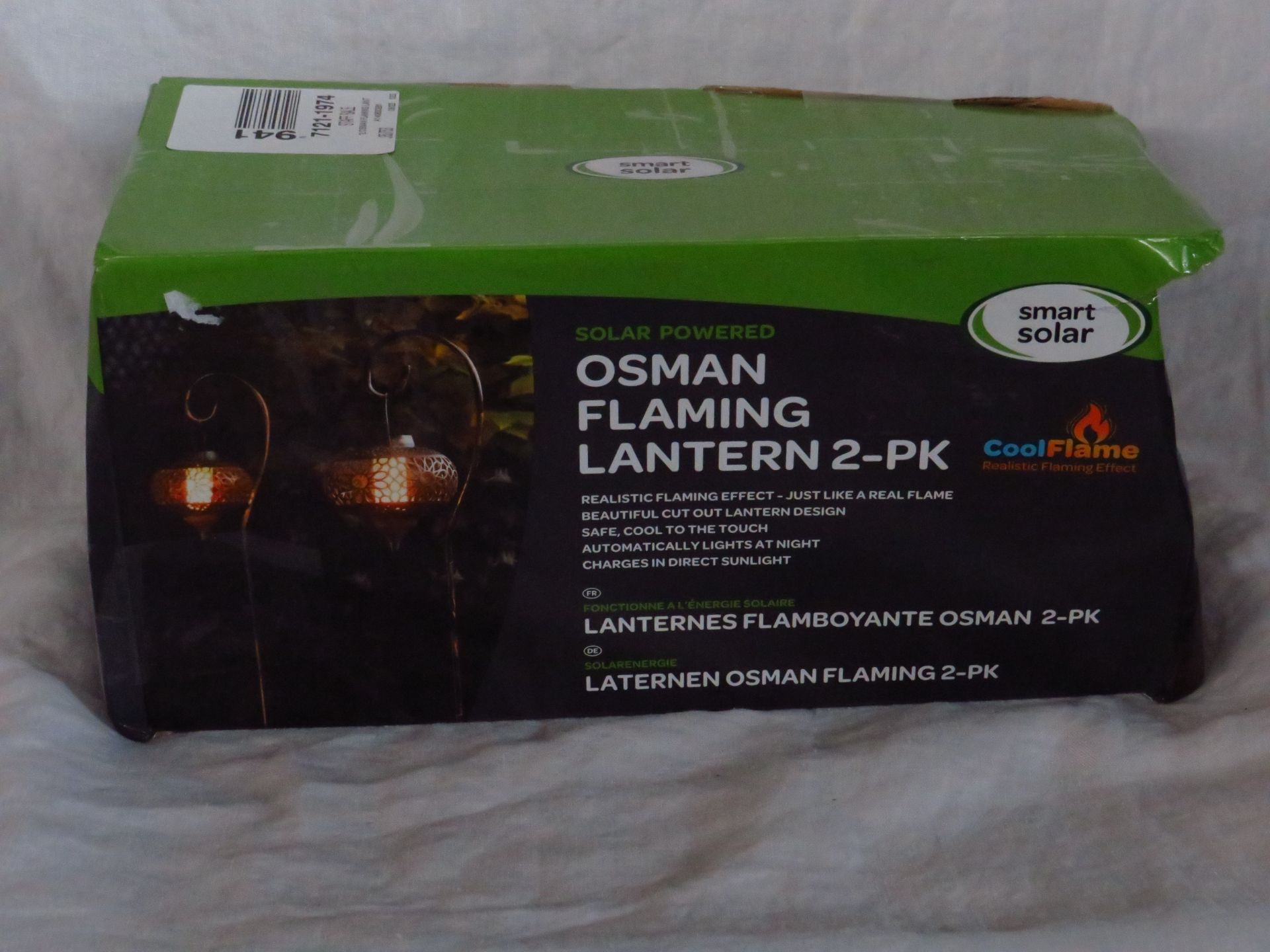 Smart Solar Osman flaming lantern 2 pack, unchecked and boxed.