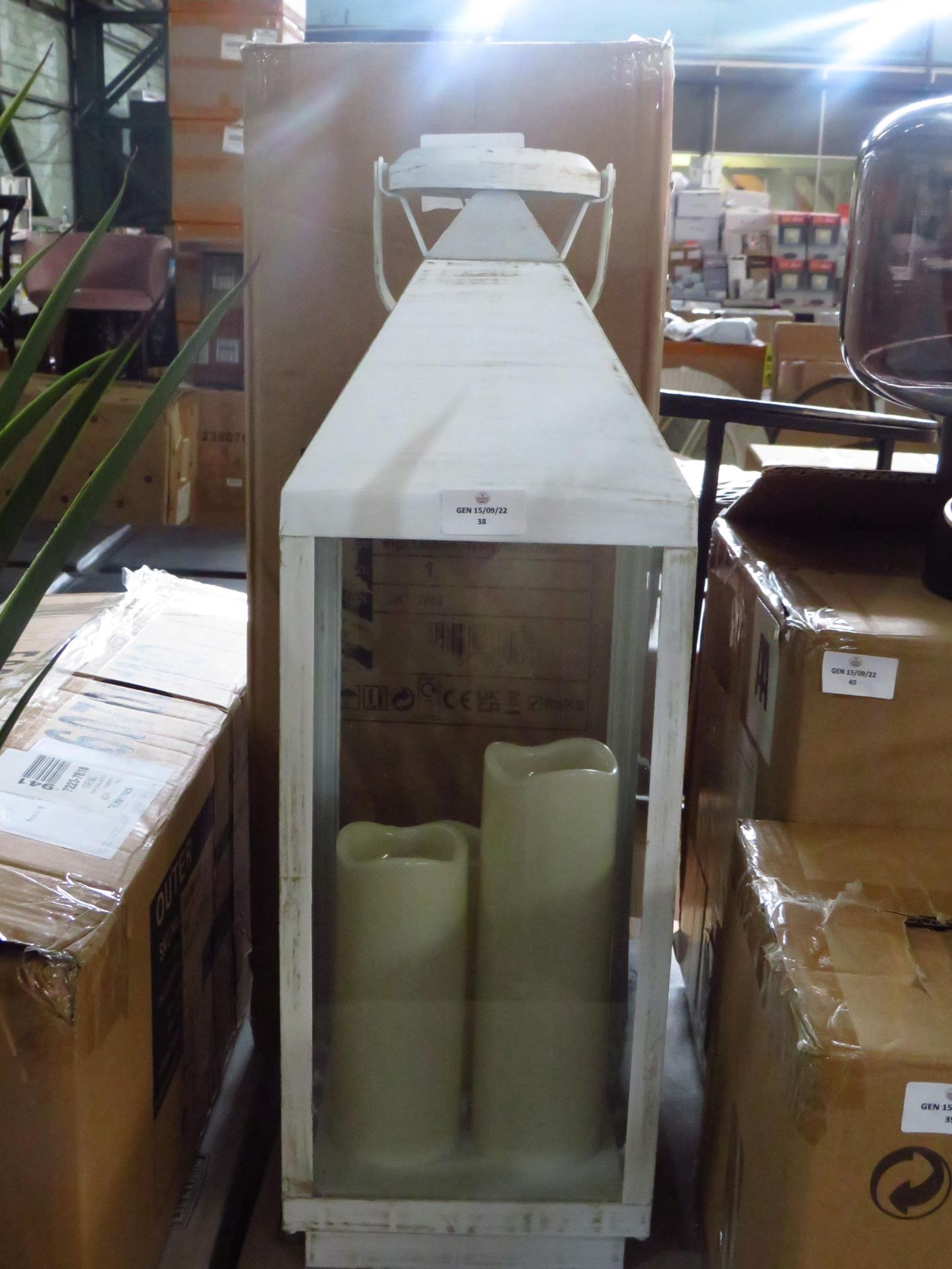 Large lantern style outdoor solar candle lamp, boxed.