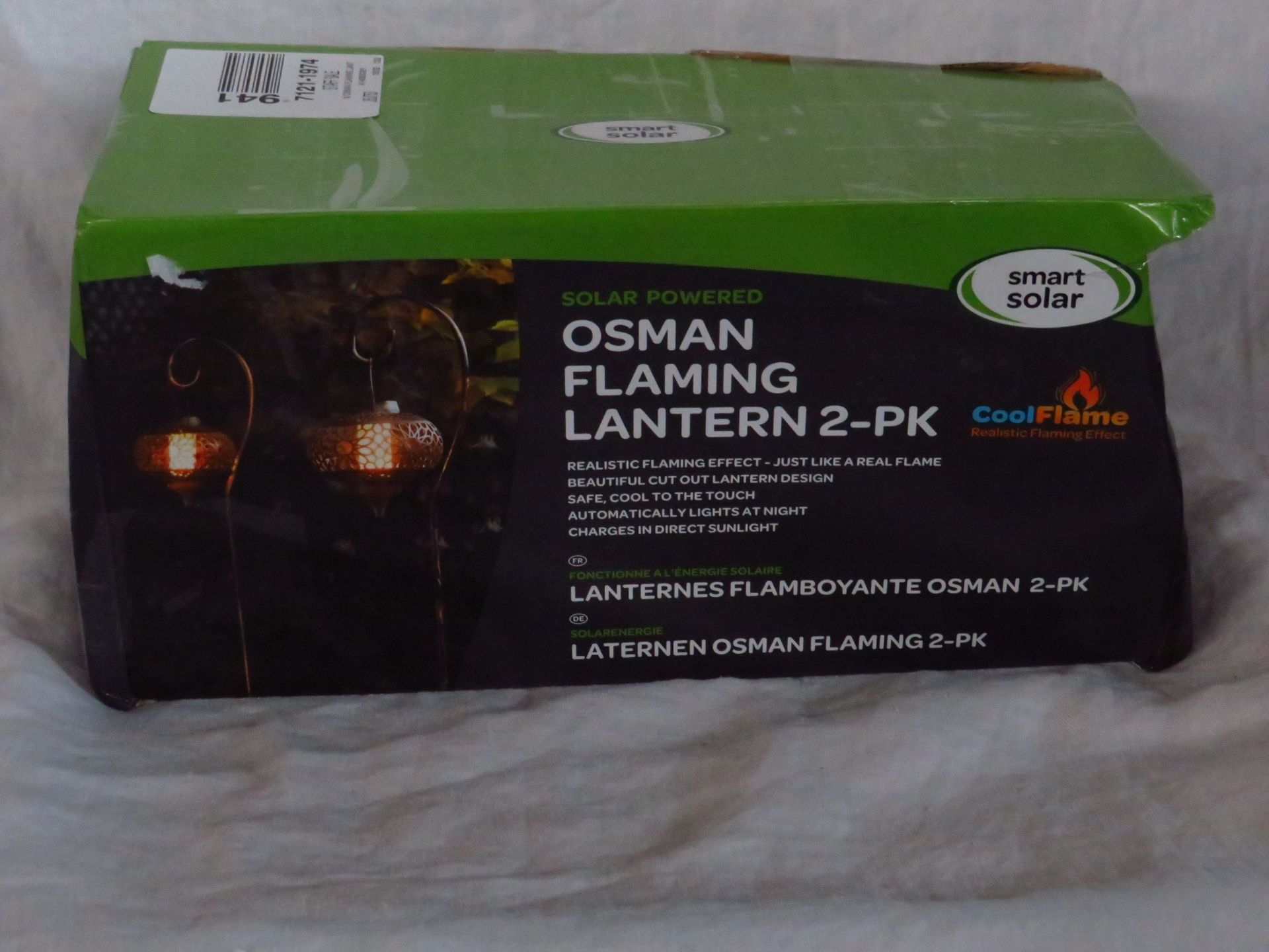 Smart Solar Osman flaming lantern 2 pack, unchecked and boxed.