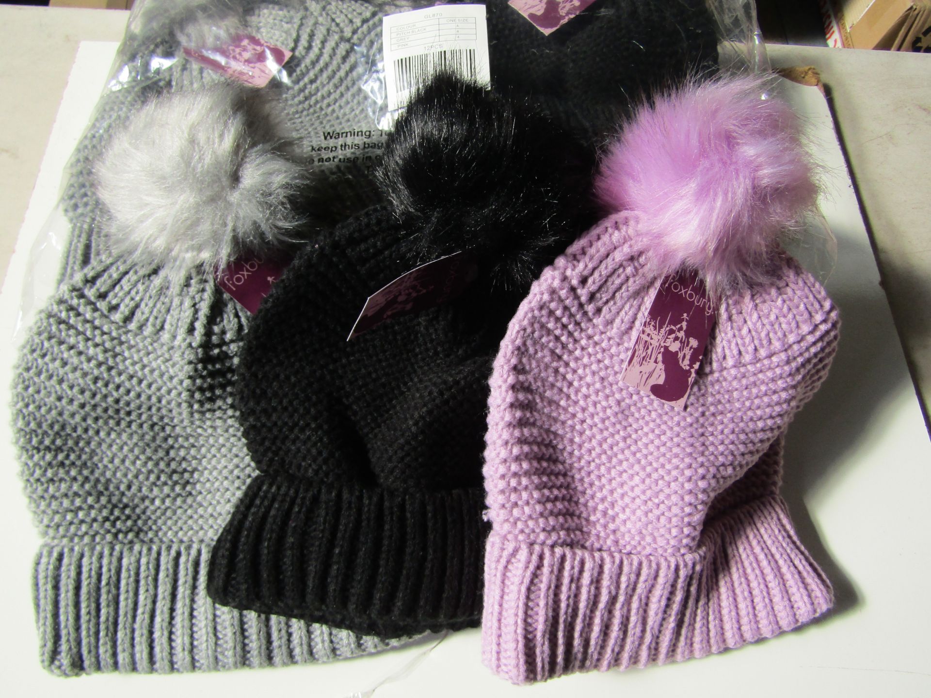 12 X Ladies Textured Bobble Hats Black Grey Pink 4 of Each New & Packaged