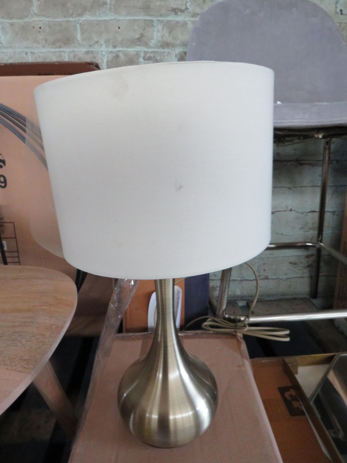 Piccadilly Table Lamp, Brass & Taupe - Good Condition However Shade has a few marks.