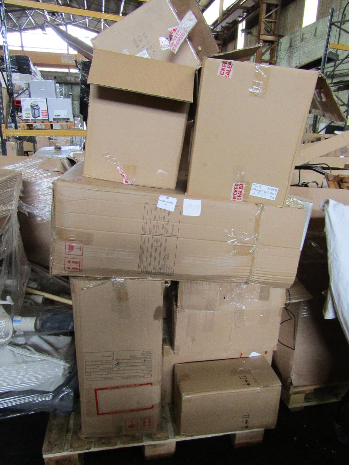 Pallet of approx 7 items which include storage units, all with damage but may be able to repair,