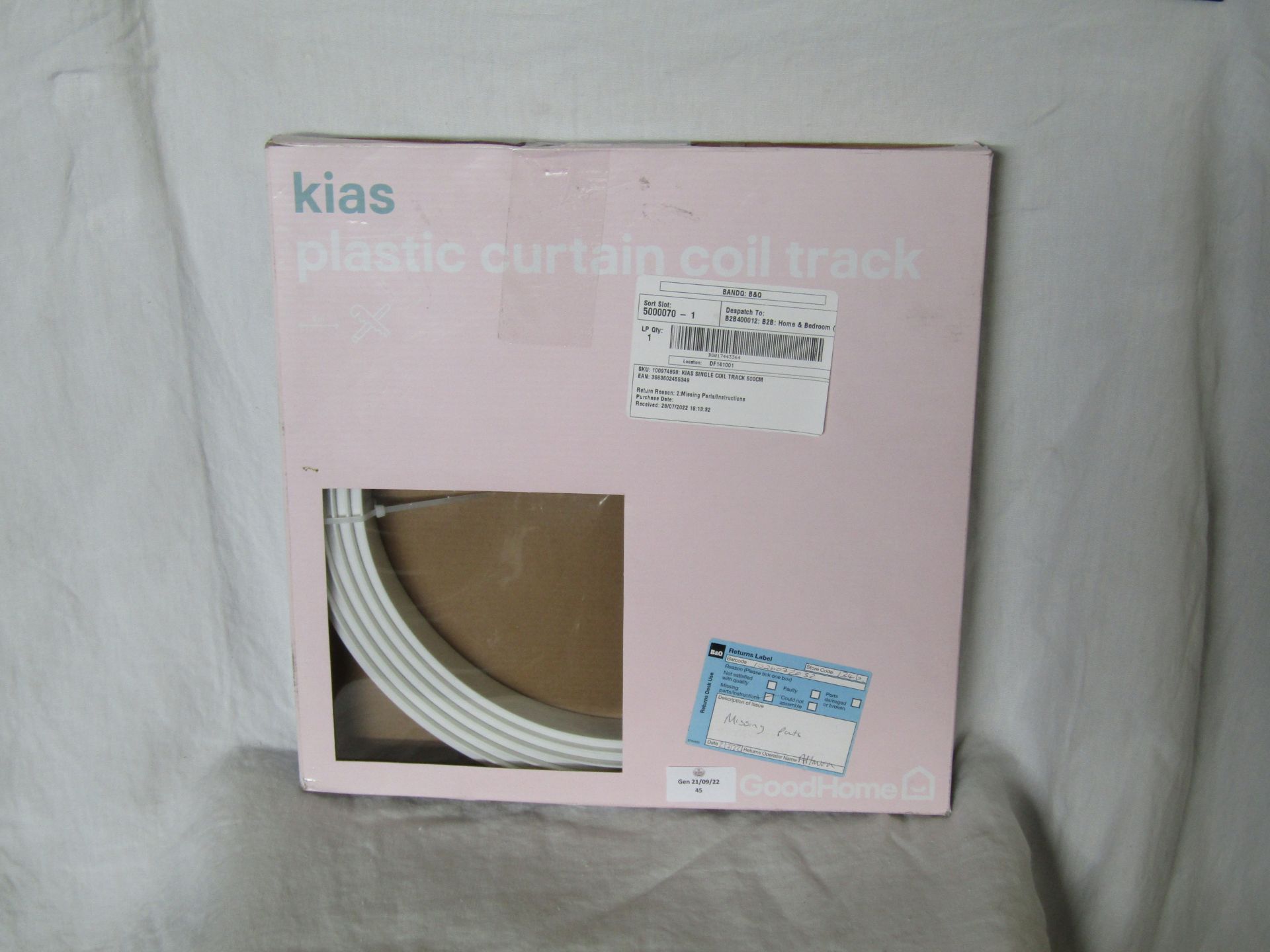 Kias plastic curtain coil track, unchecked and boxed.