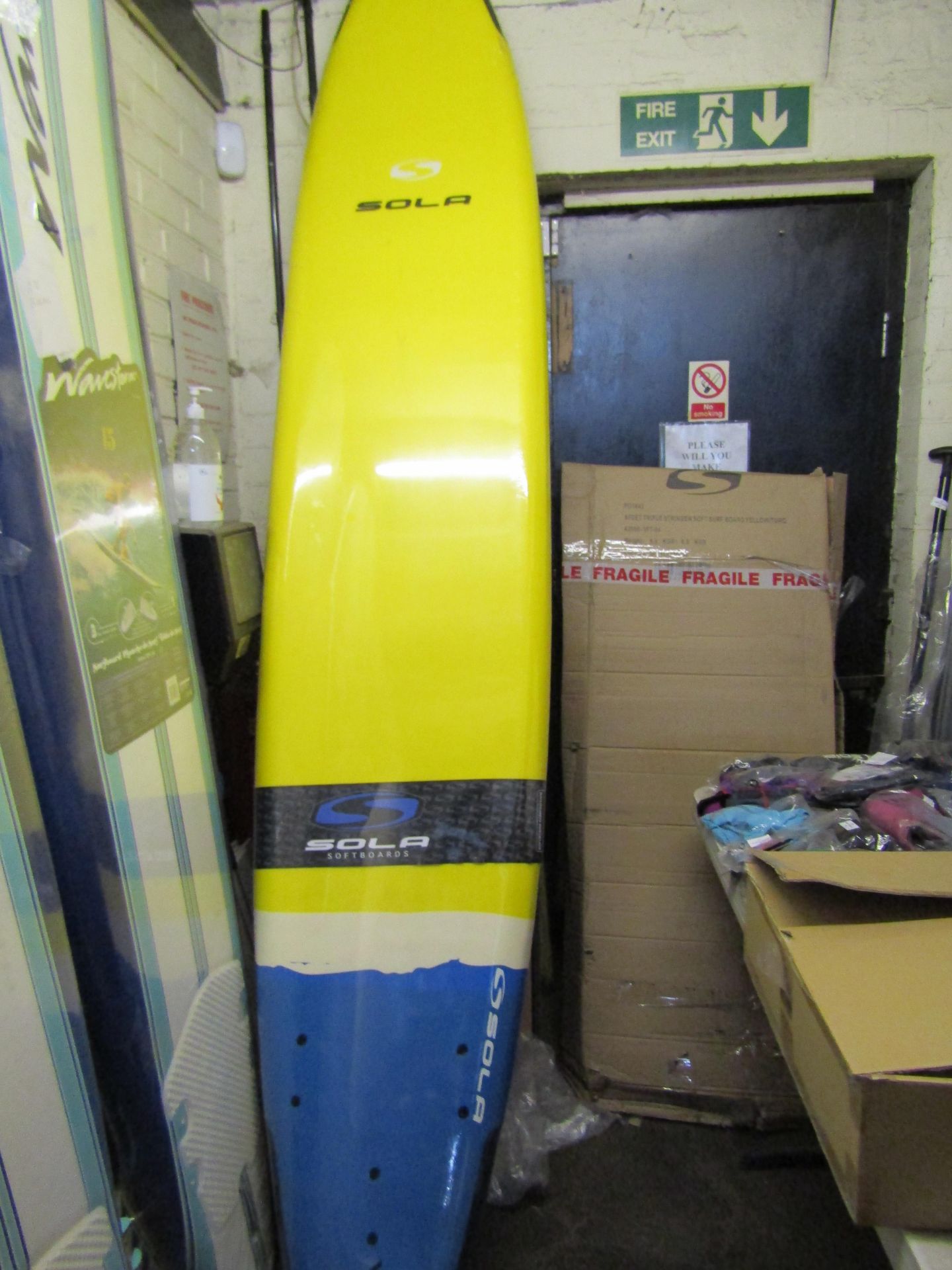 Sola 9ft Stringer soft surf board in yellow and turquoise, new