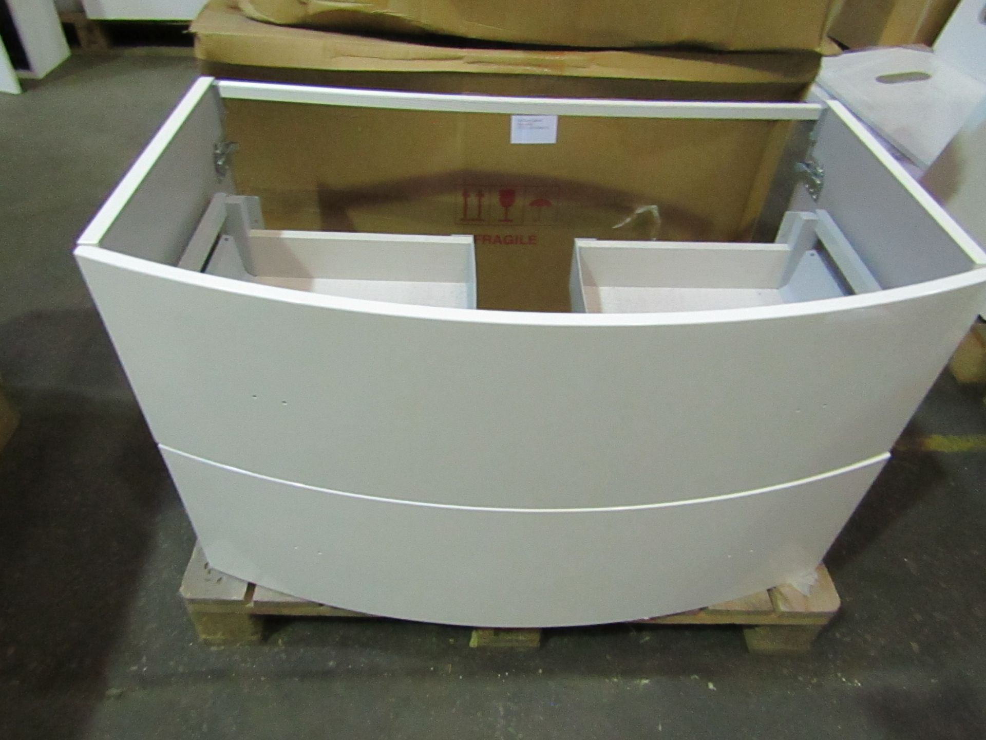 Vue - Gloss White 90cm Curved Vanity Cabinet - Item Looks In Good Condition, May Need Screws