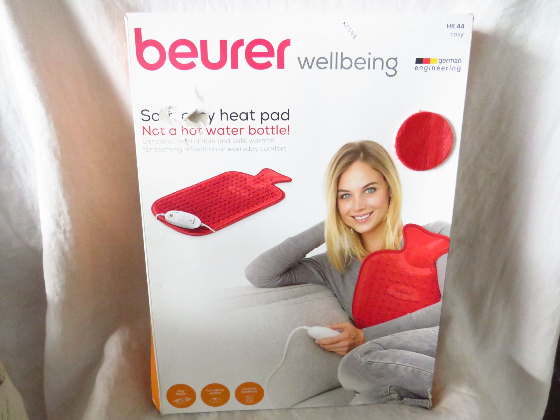 Beurer HK44 cosy Heated Pad in a hot water bottle shape, grade B but unchecked by us, boxed