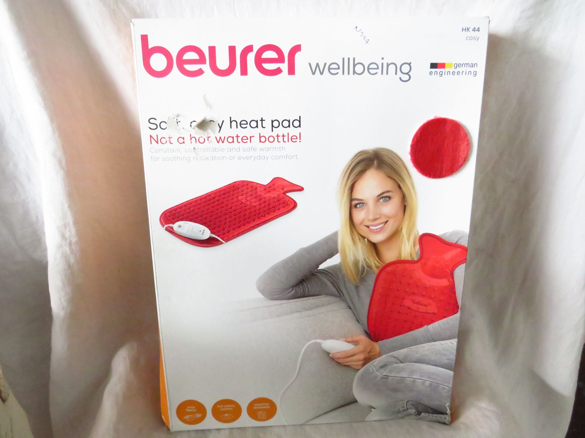 Beurer HK44 cosy Heated Pad in a hot water bottle shape, grade B but unchecked by us, boxed