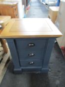Oak Furnitureland Highgate Rustic Oak And Blue Painted Hardwood 3 Drawer Bedside Table RRP Â£129.