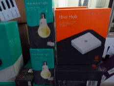 Hive smart lighting set, includes a Hive Hub and 2 Smart Bulbs both boxed