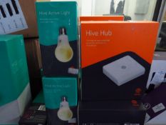 Hive smart lighting set, includes a Hive Hub and 2 Smart Bulbs both boxed