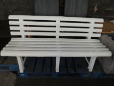 1x White outdoor plastic bench, Good condition but has the odd scuff marks.