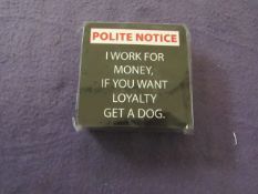 20x "Polite Notice" - 6-Piece Coaster Sets - Unused & Packaged.
