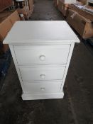 1x Cotswold 3 drawer bedside table white. Has chipped on the corner and has scuff marks. Viewing